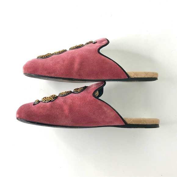 Gucci Pink Velvet Water Snake Crystals Embellished Slip On Mules Flats Slides 37 - Picture 7 of 12